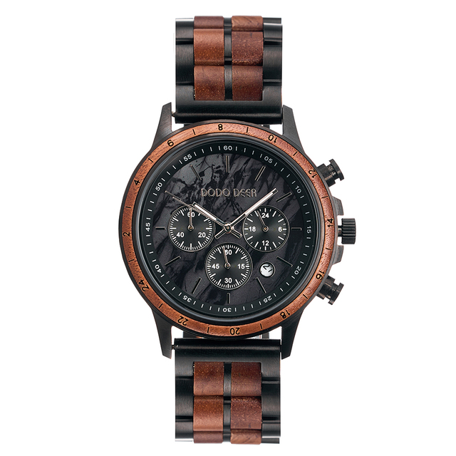 Original Design Natural Walnut Wood and Stainless Steel Quartz Men Chronograph Wristwatch with Date Display