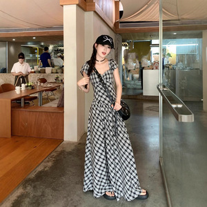 Women's Plaid Dress V-<b>Neck</b> Empire Waist Wrap And <b>Tie</b> Breathable Summer 2025 Long Sleeveless Maxi Dress - Product Image 2