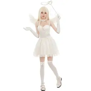 Ensemble de costume d'ange blanc, ailes d'ange en plumes, diadème, baguette magique, robe pour filles, cosplay - Product Image 1