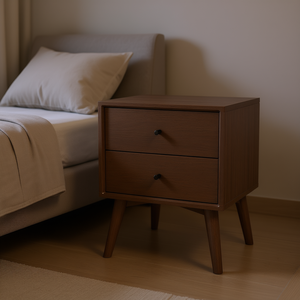 Comodino Caroline a 2 Cassetti in Legno, Stile Mid-Century Moderno, Arredamento per Camera da Letto e Uso Alberghiero - Product Image 2