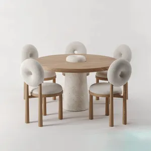 Mesa De Jantar Francesa Rodada Pedra Natural Combinação De Madeira Maciça Designer Creme Surpresa Medieval Amarelo Travertino Mesa De Jantar