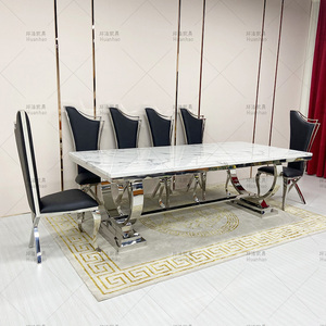 Ensemble de table à manger de luxe au style moderne, pour salle à manger, 6, <span class=keywords><strong>8</strong></span> et 10 places, bon marché, qualité supérieure, en marbre argenté - Product Image 2