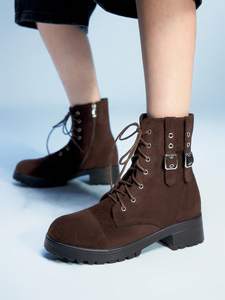 Trendy Ladies Faux Suede Combat <strong>Boots</strong> Dark <strong>Brown</strong> <strong>Lace</strong> up Side Zip Buckle Strap Block Heel Platform Ankle <strong>Boots</strong> for Daily Wear - Product Image 4