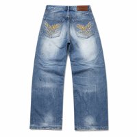 Jeans pour hommes à jambe large personnalisés, denim bleu clair, délavage vieilli, motif flamme, poche arrière, surpiqûres contrastées, fabricant OEM