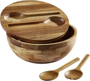 Saladier en bois d'acacia avec couvercle <span class=keywords><strong>Ustensiles</strong></span> en bois d'acacia pour fruits, salades et légumes, ensemble de bols à <span class=keywords><strong>salade</strong></span> en bois 4 pièces - Product Image 1