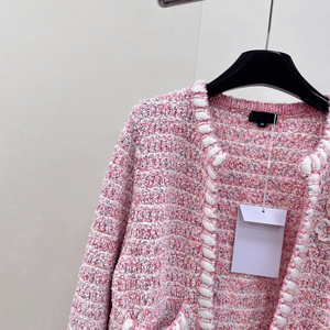 Cárdigan de Punto Tweed Rosa para Mujer con Ribete Blanco, Manga Larga, Chaqueta Elegante Informal - Product Image 3