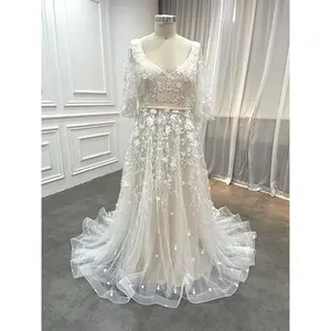 Grosir 2023 Gaun Pengantin Emas Ukuran Plus Gaun Pernikahan Alibaba-Wedding-Dress Gaun Pengantin Berbordir Sederhana Gaun Putri Duyung dengan Lengan Panjang