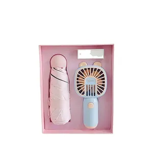 Cool Summer Business Gift Box Set Cartoon Handheld Fan+Umbrella Practical Handheld Gift