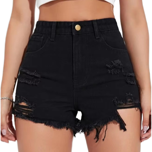 Shorts de Mezclilla Negros para Mujer, 100% Algodón, Cintura Alta, Corte Recto, Desgastados, Transpirables, Estilo Casual y Sexy, Jeans Personalizados a la Moda - Product Image 2