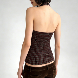 Top sin mangas para mujer, estilo vintage, transpirable, de punto, con estampado a cuadros retro, con lazo y contraste de color. - Product Image 6