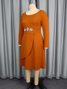 AM050720 elegante autunno con <span class=keywords><strong>scollo</strong></span> <span class=keywords><strong>a</strong></span> <span class=keywords><strong>barca</strong></span> <span class=keywords><strong>manica</strong></span> <span class=keywords><strong>lunga</strong></span> grande strass asimmetrico marrone Midi Plus Size <span class=keywords><strong>a</strong></span> linea <span class=keywords><strong>abito</strong></span> Casual da donna - Product Image 5