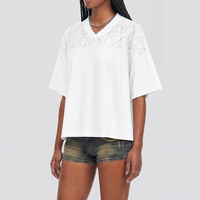 T-shirt unisexe à col en V coupe ample en maille dentelle 100 % polyester 180 g/m² léger pour l'été, sport décontracté, manches courtes, coupe courte, style Y2K