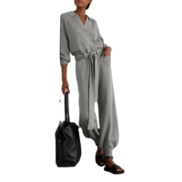 Ensemble coordonné 100% cachemire, haut en tricot à col en V, pantalon en tricot avec ceinture à nouer, coupe décontractée pour femmes, ensemble en tricot deux pièces