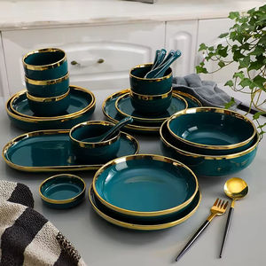 Ensemble de vaisselle en céramique vert marbré à bords dorés, bol et assiette, collection très prisée, vaisselle chinoise durable, idéal comme cadeau - Product Image 1
