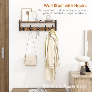 <b>Wall</b> <b>Mounted</b> Ironwood <b>Shelf</b> With Hooks Burnt Color Rectangle Multipurpose Durable Storage Rack For Bathroom Entryway - Product Image 2
