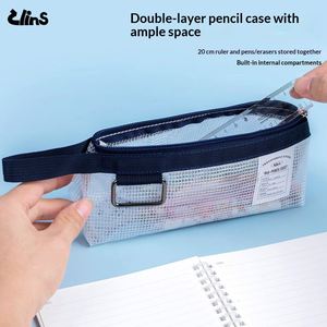 Trousse à crayons triangulaire transparente en plastique, nouveau style 2026, design simple, grande capacité, étanche, double couche, pour l'école et le bureau - Product Image 4