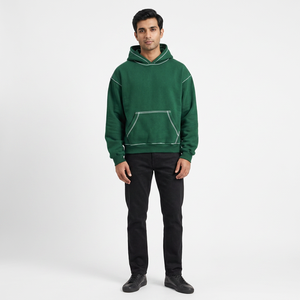 Hoodie court vert foncé personnalisé avec surpiqûres contrastées, 100 % coton, faible MOQ, impression 3D en relief - Product Image 1