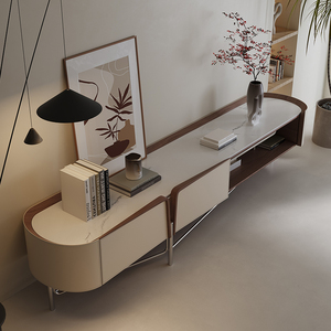 Meuble <span class=keywords><strong>TV</strong></span> et table basse en <span class=keywords><strong>bois</strong></span> avec revêtement en cuir et plateau en pierre pour salon - Product Image 6
