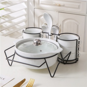 Set Perlengkapan Makan: Panci Sup Keramik Putih 10,5 Inci dengan 6 Mangkuk 6x6,25 Inci, 1 Sendok 8,75 Inci, 6 Sendok 5,25 Inci, dan Rak Logam Hitam - Product Image 1