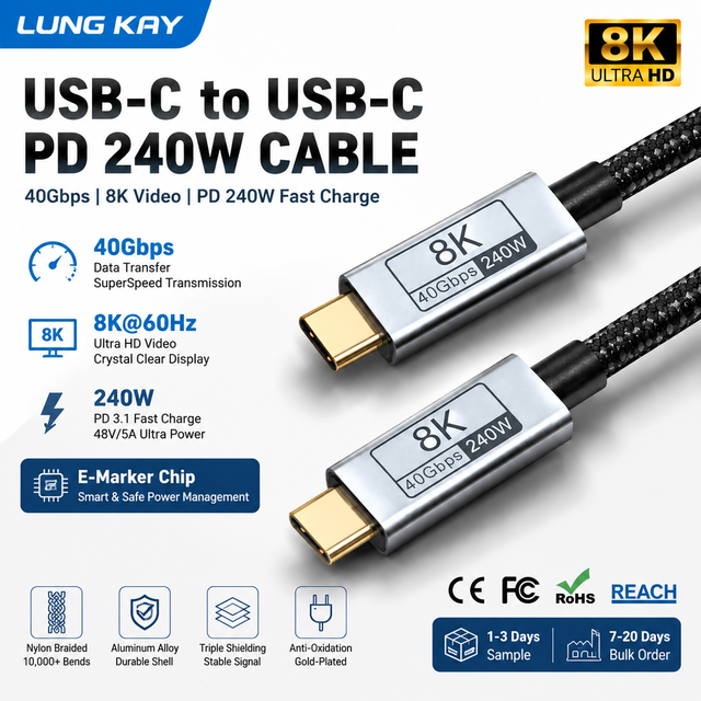 LUNG KAY USB4 Cable 240W PD 3.1 40Gbps Data Transfer 8K 60Hz Video Type c to C Braided Cord with Compatible with Thunderbolt 4