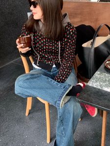 Women's New Spring Floral-Jacquard Cardigan Round Neck Slim-Fit Short Cropped Wool Knit Outerwear Layered <strong>Styling</strong> Model 5104 - Product Image 4