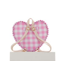 Mini sac à dos en nylon à volants en forme de cœur, à rayures gingham, rembourré, décontracté, avec fermeture éclair dorée et bretelles réglables