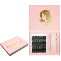 Kit de cils en grappe DIY avec logo personnalisé, 12 rangées, volume léger hybride 3D-5D, en soie synthétique faite à la main, doux, recourbe-cils et pince à épiler
