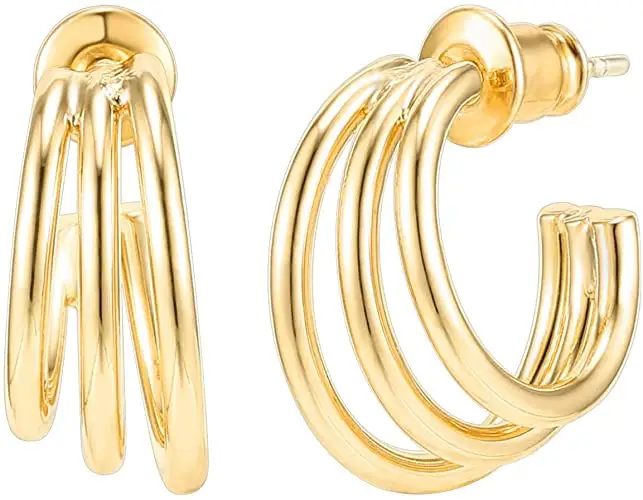 2020 Trendy Triple Hoop Earrings 18K Gold Plated Sterling Silver Huggie Vintage Earrings