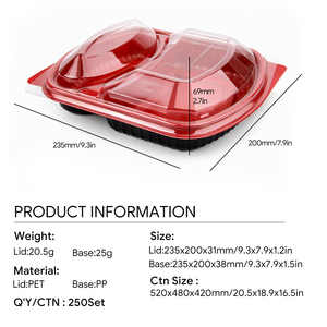กล่องอาหารแบบใช้แล้วทิ้ง 2 ช่อง สีแดงดำ ผลิตจากพลาสติก PP เกรดอาหาร ปลอดสาร BPA พร้อมฝาปิด เหมาะสำหรับใส่อาหารกลางวันหรืออาหารแบบกลับบ้าน - Product Image 2