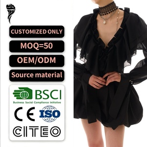 Vestido Mini de Gasa con Encaje Sólido para Mujer, Estilo Nuevo 2026, Diseño OEM Personalizado, Cuello en V, Manga Acampanada, Corte en A, con Adorno de Pompones - Product Image 1