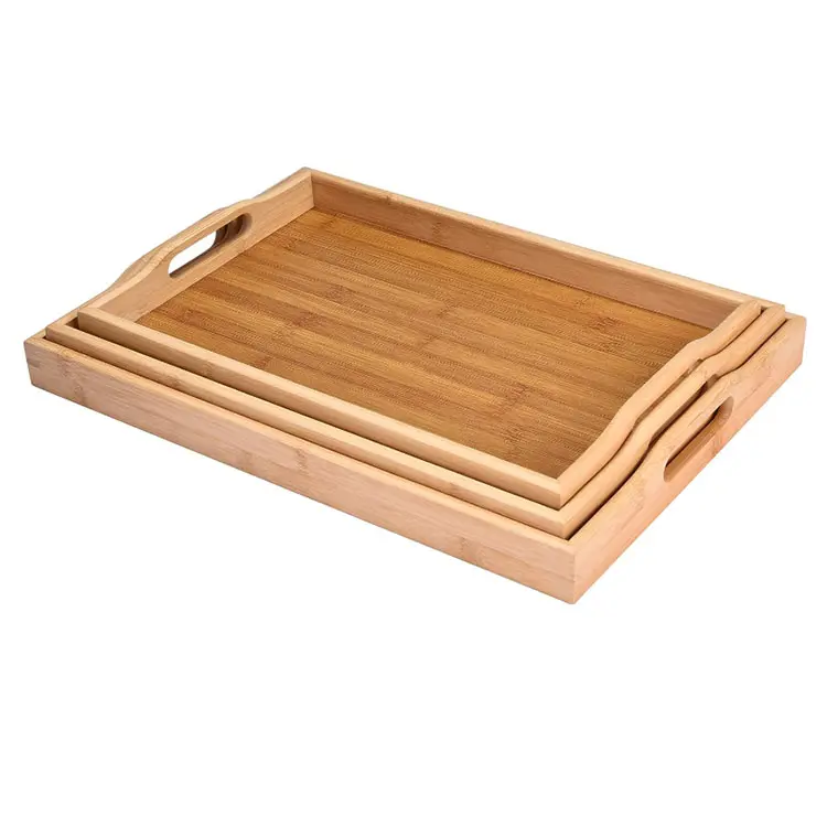 Customized 3 Pcs Bamboo Serving Trays with Handles Bamboo Trays for Food Serving Wooden Trays for Food