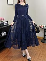 Nouvelle Robe Longue Plissée Miyake pour Femme, en Dentelle Tissée avec Perles et Volants, Manches Longues, Coupe Trapèze, Col en V, Formelle et Lavable