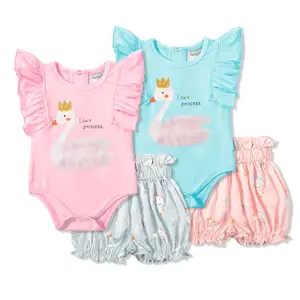 Set Pakaian Balita Perempuan, Atasan Bayi Baru Lahir 2 Potong, Lengan Pendek dan Celana