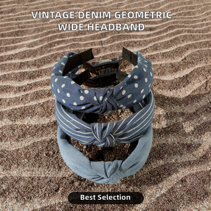Bandeau pour femme en denim vintage à motif géométrique, large de 13 cm, bord ondulé, accessoires pour cheveux en tissu, usage quotidien - Product Image 2
