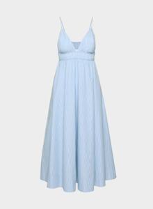 Robe longue élégante et sexy pour femme, bleu ciel, col en V, style vintage rayé, taille élastique, idéale pour les vacances d'été - Product Image 5