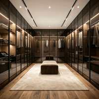 Dressing de luxe en bois avec porte coulissante miroir, éclairage LED multi-zones, banc de rangement, armoire de villa, organisateur de vêtements