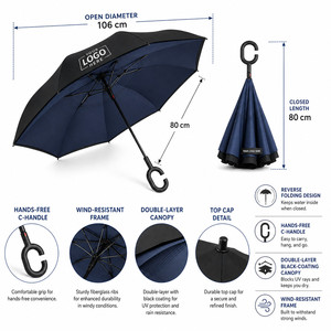 Custom Logo Double Layer Inverted Reverse <b>Umbrella</b> C-Shape Handle <b>Windproof</b> Self-Standing Large <b>Umbrellas</b> for Rain Car Travel - Product Image 4