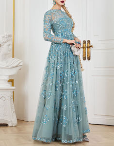 नीले रंग की महिला आकस्मिक पोशाक लंबे समय से गर्दन के चिफॉन फर्श की लंबाई वाली आर्बी औपचारिक गाउन फूलों की मोती - Product Image 3