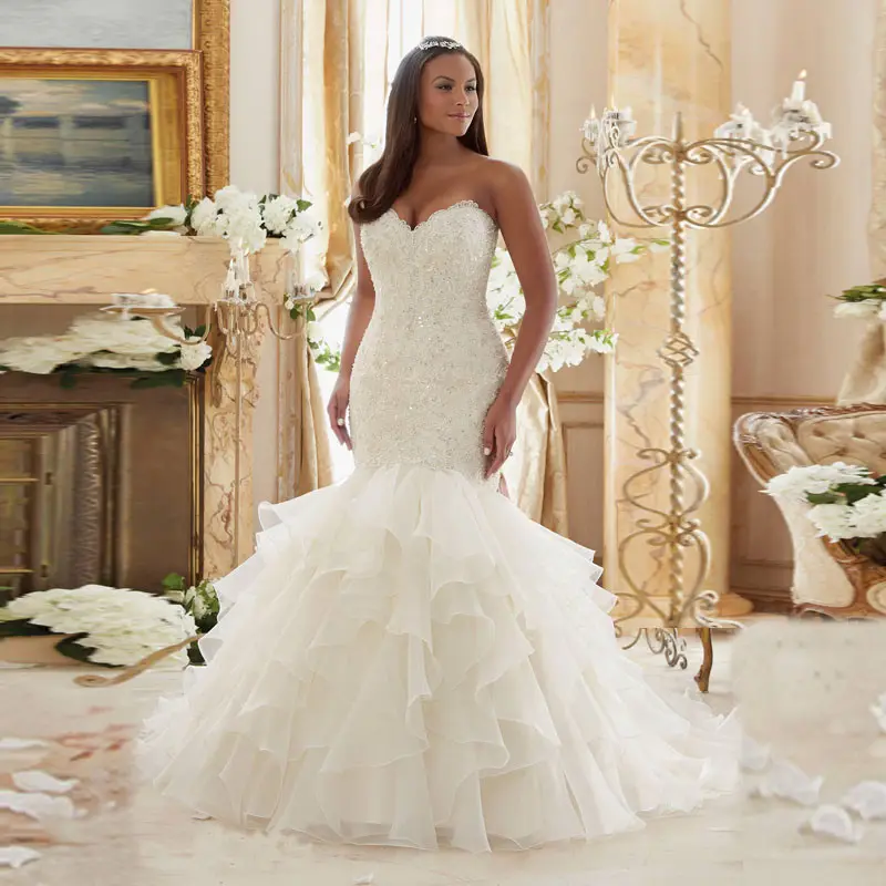 Beaded lace bride wedding dress tube top mermaid tutu skirt white organza ruffles light luxury wedding main wedding dress