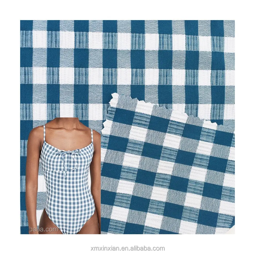 Neuer gewebter Stoff gestreckt Checkered Swim Jacquard Swimwear Bikini Plaid Stoff Gingham Stoff