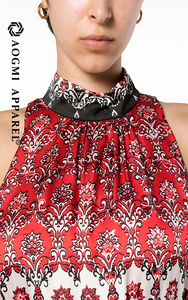 Couture Fashion Women's Printed Halter Neck off the Shoulder Sleeveless Lace-Up Maxi Asymmetrical 100% <strong>Silk</strong> <strong>Summer</strong> <strong>Dress</strong> - Product Image 6