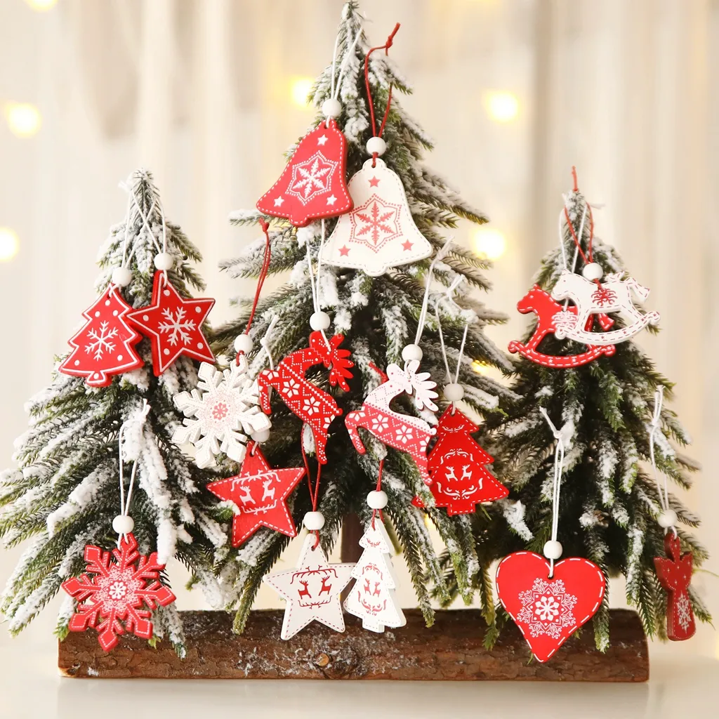 Enfeite de árvore de natal com 8 estilos, enfeite de árvore de natal branco e vermelho com 12 de pçs/lote pingentes de madeira, sino de neve, elfo, estrela, decorações de natal