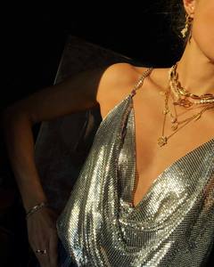 Crop <strong>Top</strong> Timechee Bling Sequined Women's Night Club Low Cut Halter <strong>Sequins</strong> Chain Strap Deep V Neck Umbilical tank <strong>Tops</strong> - Product Image 3