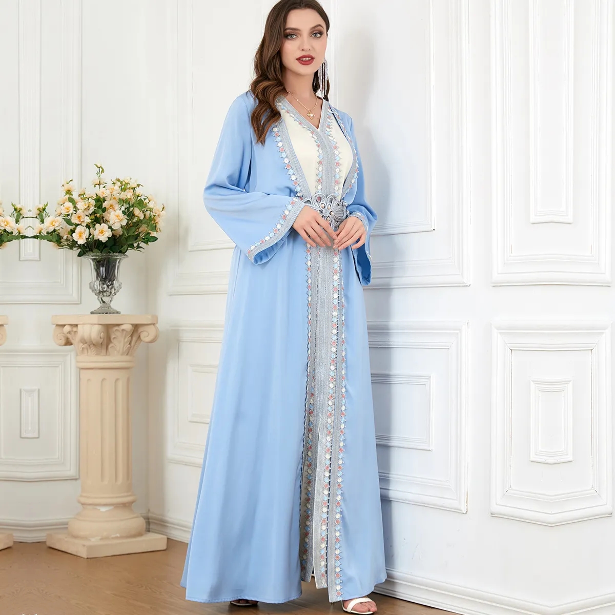 chinese dress ladies Women Chiffon Muslim Dress Middle East Arabian Robe Islamic Floral Printed  Abaya Long Sleeve Crewneck Flowy Ramadan Festival Maxi Robe Moroccan Kaftan  Dresses Wedding Blue M at Amazon Women's Clothing store