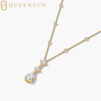 Queensun vente en gros OEM 2carats IGICertified 14K 18K or diamant cultivé en laboratoire trois pierres style, poire et princesse collier bijoux