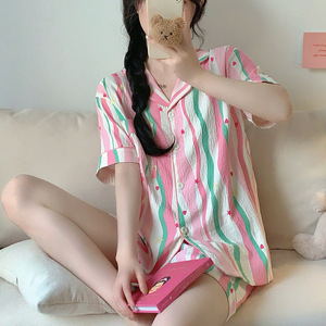 Pyjama en coton rayé SAMWESTART pour femmes, nouveau <span class=keywords><strong>short</strong></span> à manches courtes d'été, tenue de maison fine et douce - Product Image 4