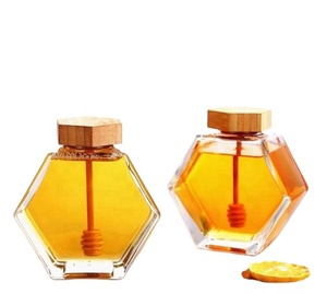 Hot Selling 100ml 220ml 380ml Storage Bottle Stick Spoon Hexagon <b>Container</b> Honey <b>Glass</b> Jar With Wooden Lid - Product Image 1