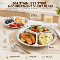 Plato de Acero Inoxidable 304 de Grado Alimenticio, Duradero, Pulido, con Tres Compartimentos, Diseño Clásico, Plato para Jardín de Niños
