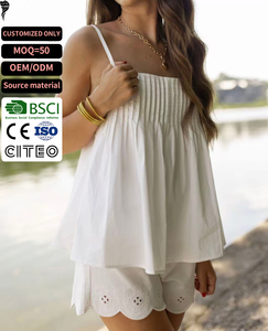 Women's <b>White</b> <b>2</b> <b>Piece</b> <b>Set</b> Sleeveless Pleated Top With Shorts Solid Color Cotton Casual Spring Summer Loose Fit - Product Image 1