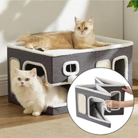 Lit pour chat carré en lin pliable monobloc entièrement fermé, type maison-caverne, pour l'hiver, amovible, lavable, anti-griffures, style classique et tendance